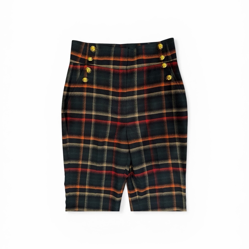 Halogen x Atlantic Pacific Plaid High Waist Flare Pants Button Detail Sz 6 - Picture 6 of 11